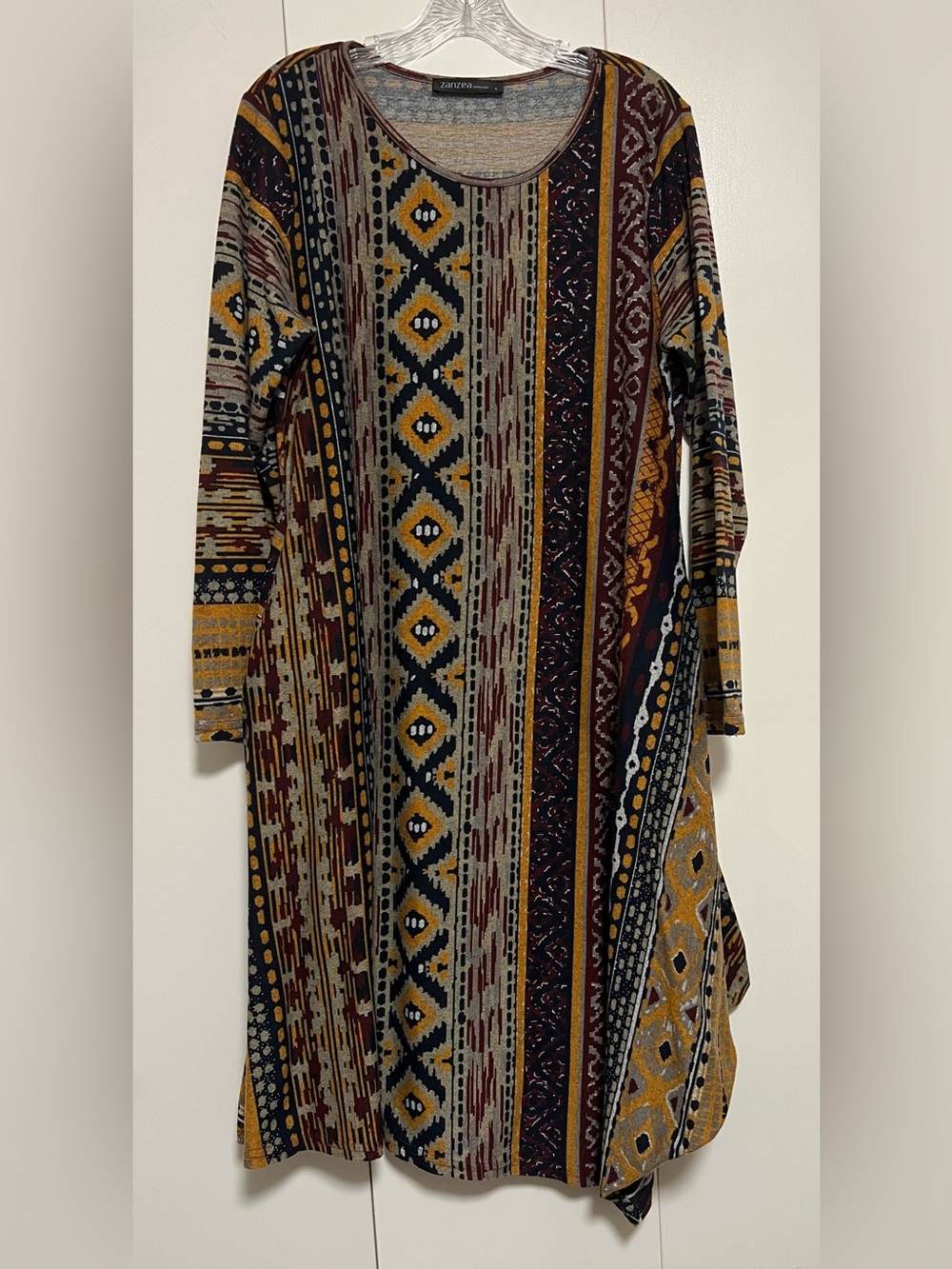 Zanzea Boho Tribal Print Tunic Midi Dress Size L Trapeze Earth Tones Long Sleeve